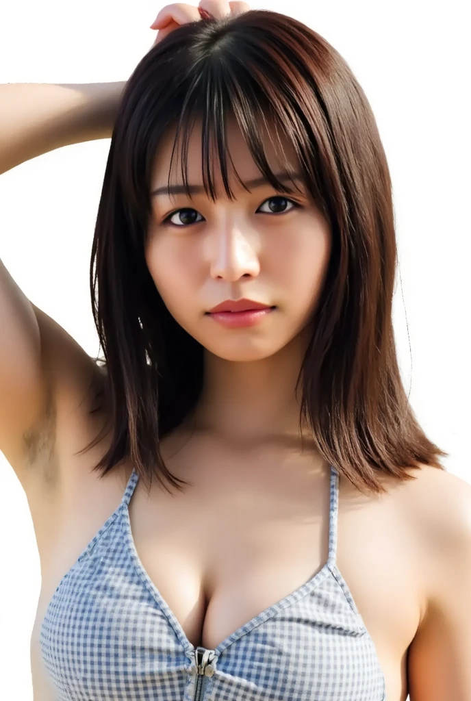 Dreamy atmosphere, High Contrast, Super sharp, Studio shot、From above、Face close-up、(Tiny Bikini:1.4), (large chest with increased tension,,:1.2), Focus on the chest、Reinforced slender body、Realistic、Photo realistic、Highly detailed cute girl、solo、18-year-old、Japanese-like facial expression, Big ample breasts、Brown Hair、short hair, Against the background of striped walls、Out of focus、Blur、