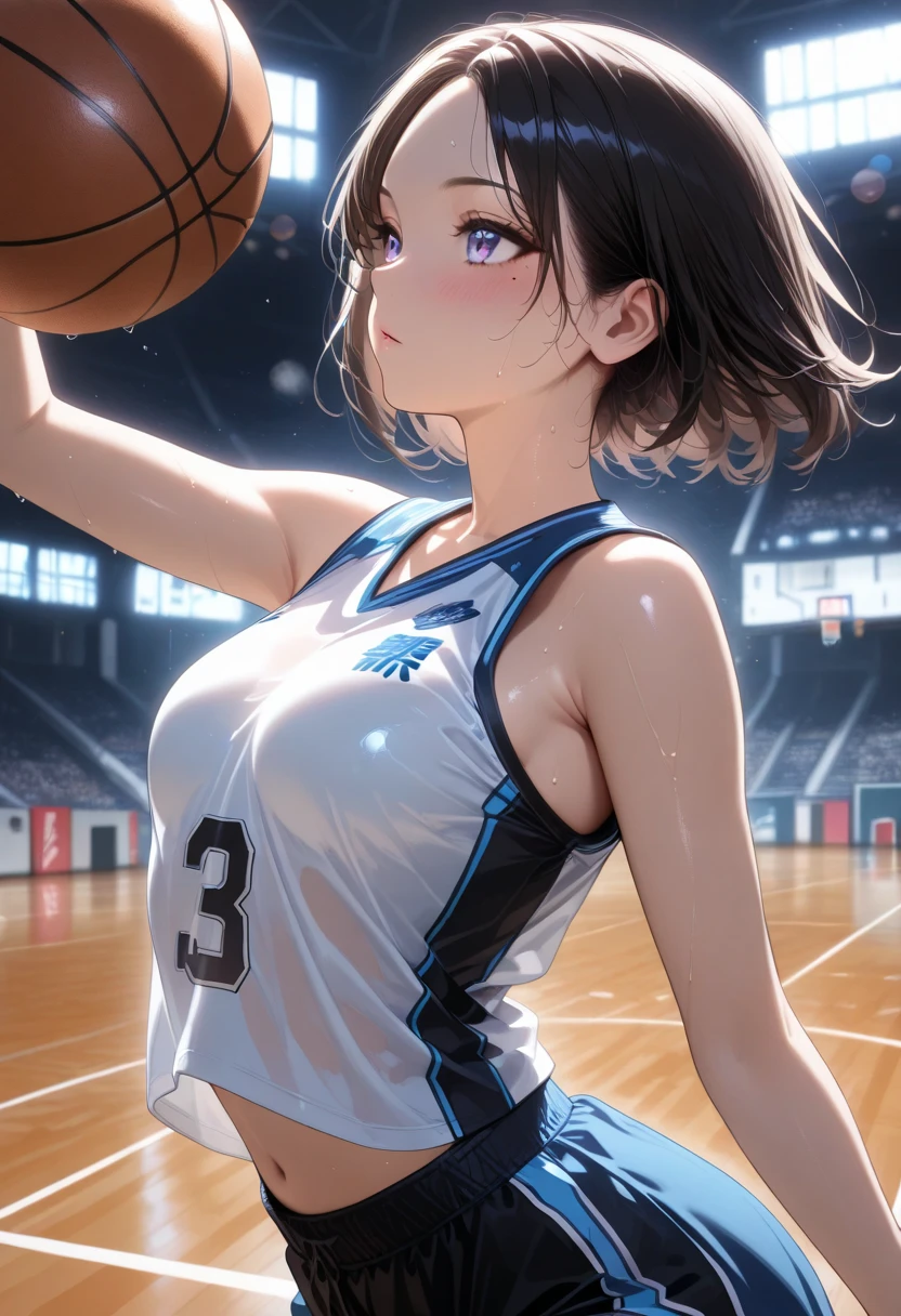 (masterpiece,top-quality,超A high resolution),A Japanese Lady, (((Very beautiful 12 year old girl))), Kawaii Girl、View photographer、Front view, ((Shorthair)), hyper cute face, Glossy lips, Double eyelids in both eyes,Natural smile、 Natural makeup, long eyelashes, Glossy and smooth hair quality、central image, Perfect limbs, Perfect Anatomy,(((Basketball Uniforms)))、((())),(((Wet with sweat))),A bra can be seen from the side of the uniform,
