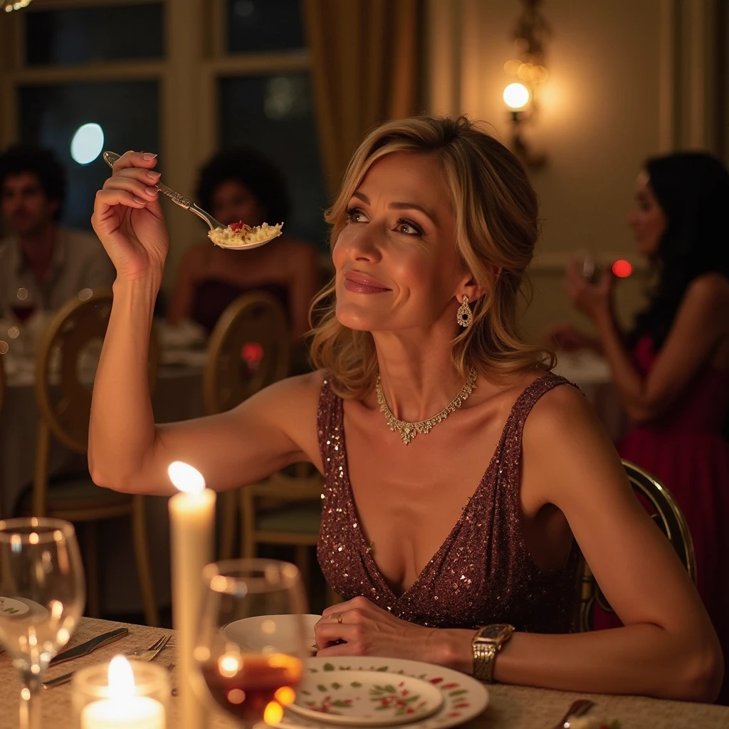 Panorama of shakira smiling beautifully in holiday attire holding a glass of sparkling wine