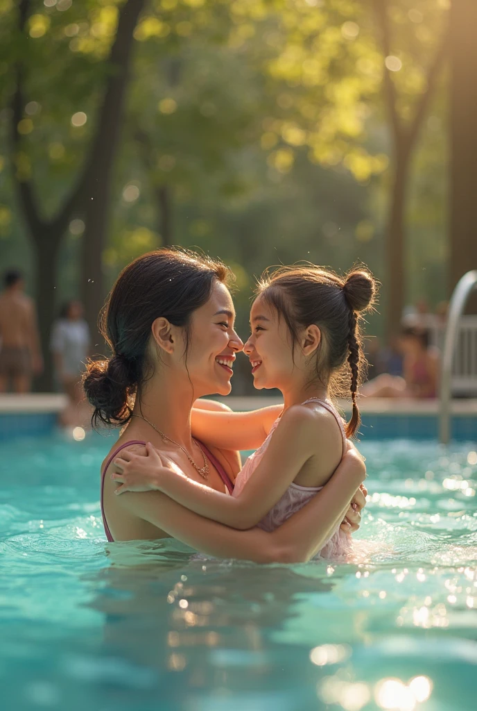 Mom and daughter swimming pool