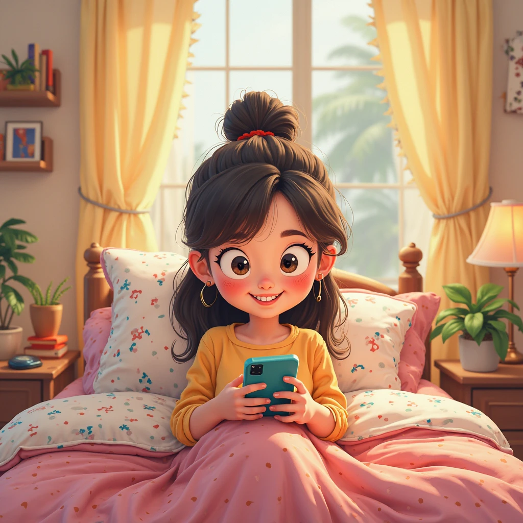 A chubby girl lying on her bed using her cell phone