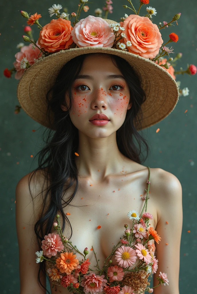 Arcimboldo-style painting, the upper body of a Japanese girl, naked, formed from a collection of vegetables