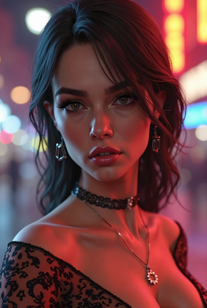 (halfbody shot,street lamps,moon),Masterpiece, 1girl, solo exhibition, beautiful woman on the bustling street, surrounded by hawkers, beautiful goddess girl portrait, beautiful and detailed face, porcelain skin, (((bust shot, center, night, black hair, short hair)), super soft lighting, symmetry, complexity, elegance, high detail, realism, art, concept art,