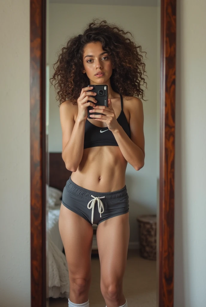 
brunette with curly hair height 1.65 height ,with tanned skin taking a photo in the bedroom mirror with her phone .a realistic photo without much of a natural effect