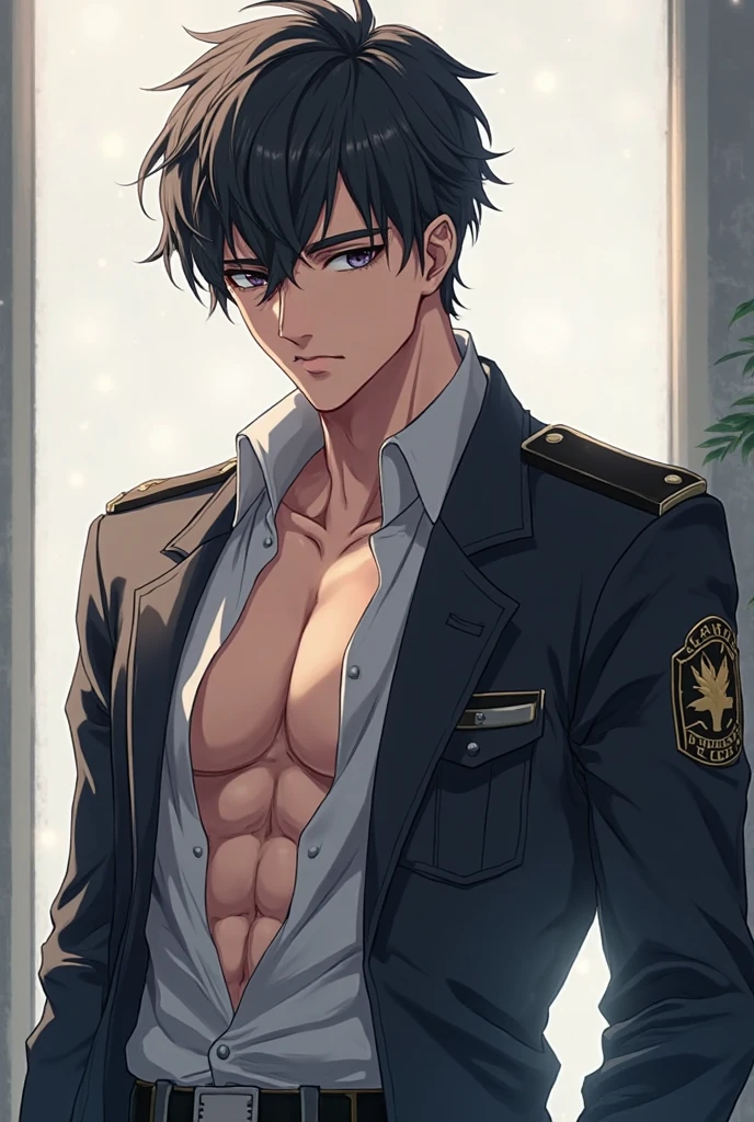 A handsome and sensual 18-year-old male, athletic body, black spiky hair, blue eyes with star-shaped pupils, white jacket with gold details, no shirt under the jacket, black pants with details in gold.  In the bedroom.