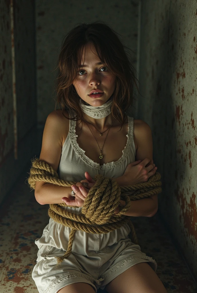 (masterpiece)), ((Highest quality)), (Very detailed), Browsing Caution, ((underground)),(((A rope tied tightly around the waist))),Cute Japanese Girls, One girl, alone, (White mini tank top dress),(Tie your wrists above your head ), (Both wrists are hanging from the ceiling),((thinウエスト)),Large Breasts, slim, thin, BDSM,Beautiful pink brown hair, Beautiful Blue Eyes, (Beautiful Eyes), Long Hair,Troubled expression