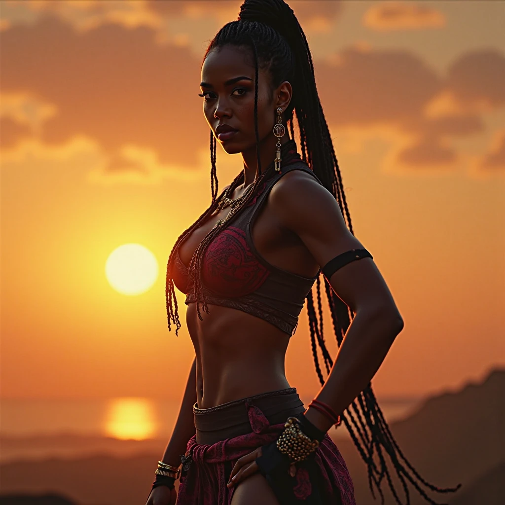 Arabian female fighter with thick fat lips and Japanese eyes.
African nose traits.
Egyptian facial traits. 
Tanned skin.
Blonde and red Rastafari braids.
Scratched Chinese Headdress.
Green eyes.
Wrapped spiky gloves.
Muscular and feminine body with perfect proportions.
Roman civil vest with "Native Indian" scratched tribal mini skirt.
Extremely realistic, 4K, Hi-res, epic detailed image.
Wrapped [red, blue and green] crop top.
Short mountain spiky boots.
Thin waist and large hips.
Hyperdetailed. 
Hyper realistic photo style.
Thick body.
Very dynamic angle back view.
Iconic top model pose.
Golden jewels.

