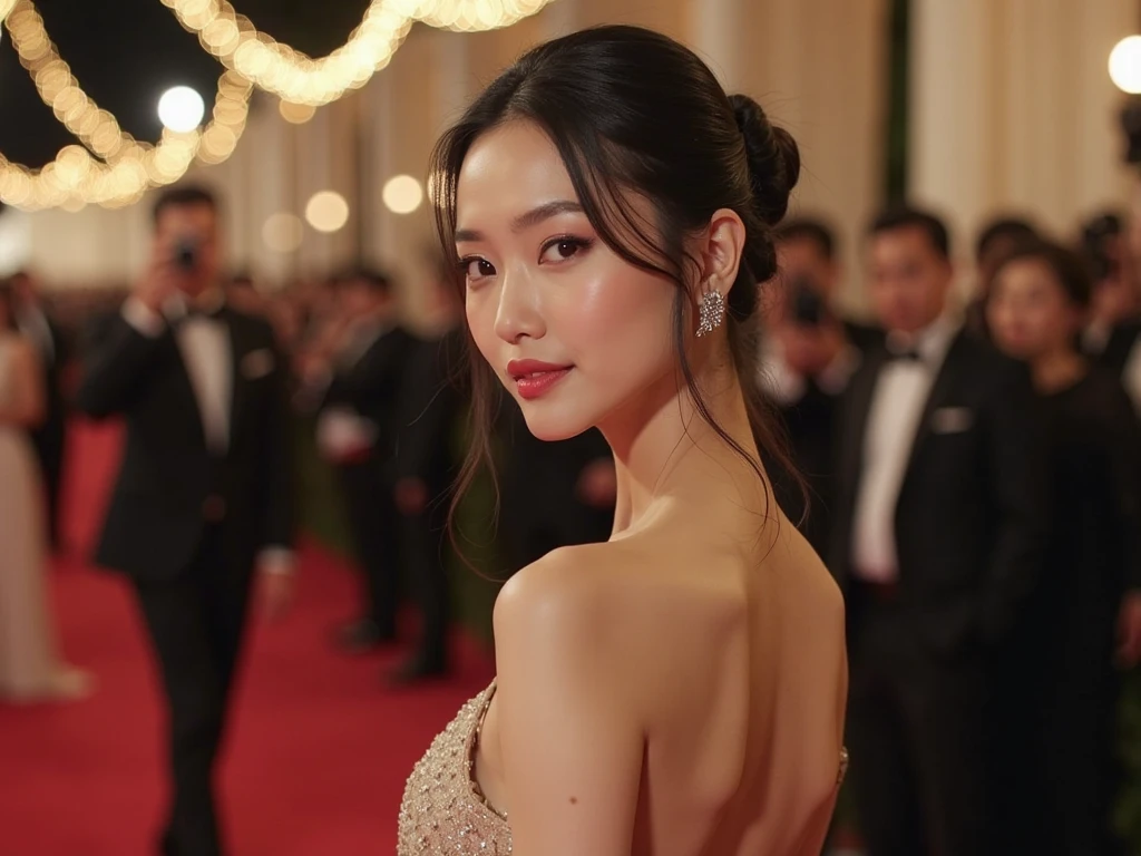 Radiant in black, she stood at the heart of the party, a vision of elegance amidst the lively crowd. Her graceful presence drew admiring glances, embodying the essence of beauty and style."