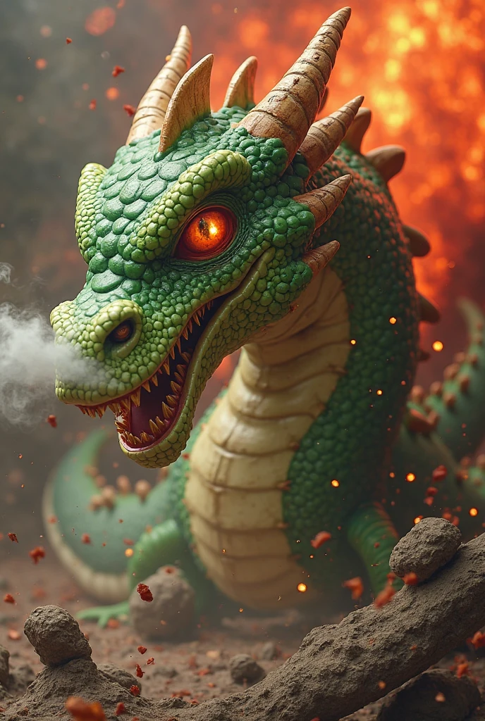 dragon with smoldering scales made of brccl, intricate details, symbols, abstract, realism, sharp focus, masterpiece, sharp details, sfw, focus on face,