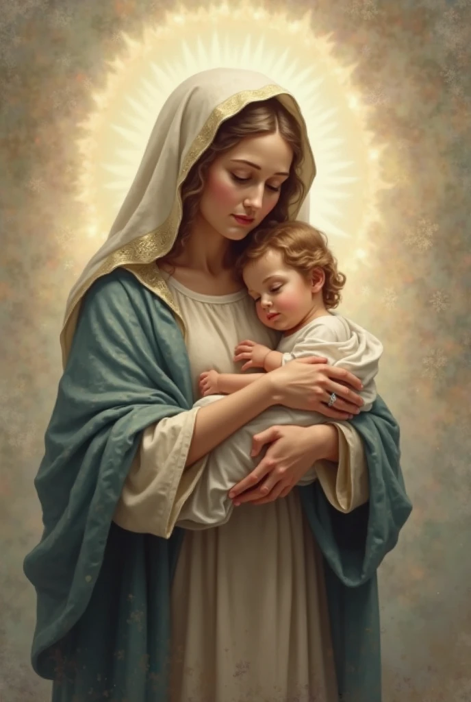 Drawing of a woman holding a child in her arms, Virgin Mary, Toddler with Jesus, Mother, Queen of Heaven, Beautiful Art, painting of beautiful, Beautiful depiction, Portrait of the Virgin Mary, Catholic Religious Art, rosen maiden, Sacred and beautiful, with a blue background, Boregov, guweiz masterpiece, religious art, Christian art, religious painting