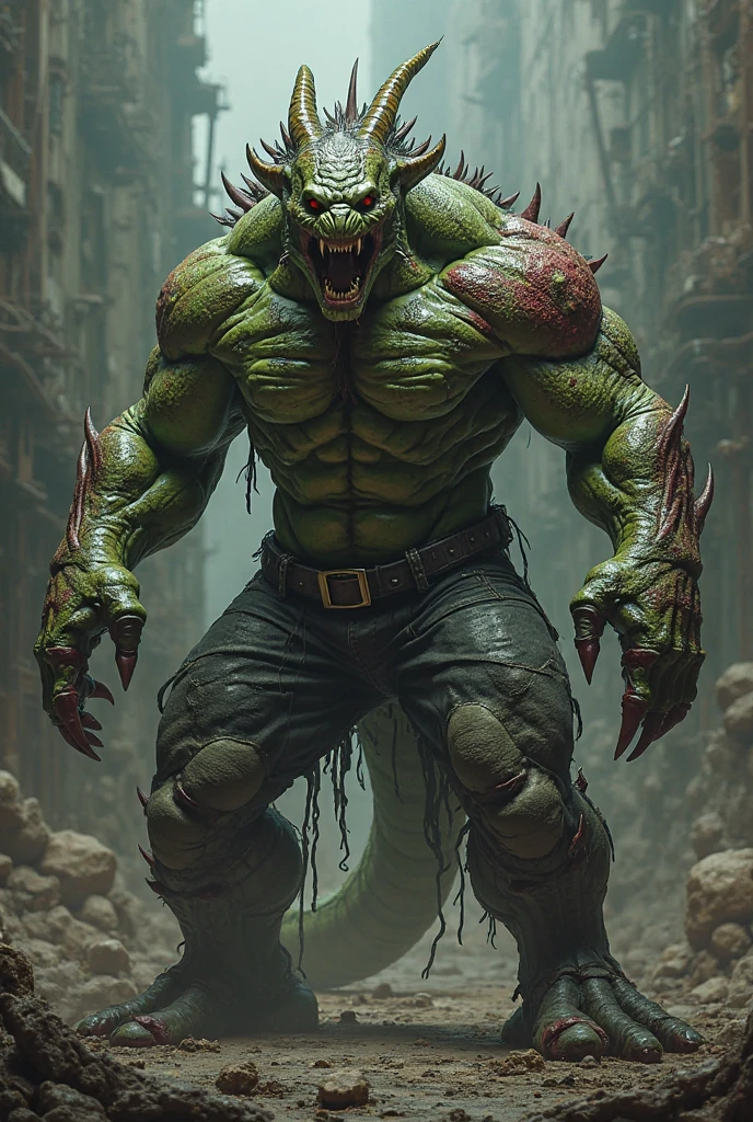 proportional eyes, detailed face, detailed eyes, (realistic:1.5),photorealistic, hyper realistic, extremely detailed, hyper detailed, soft lighting, detailed background, extreme detail background, sharp details, ((full body)), supermutant, <lora:supermutant-000004:1>