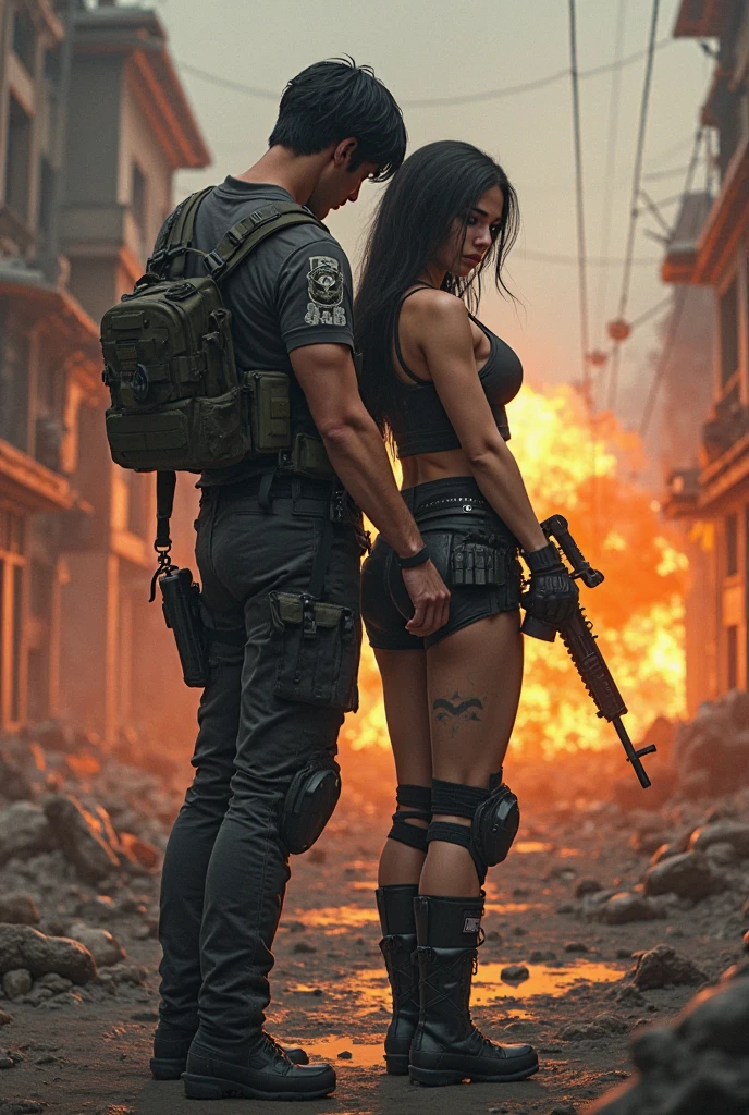 A soldier man who have six pack and toxic tatoos printed on his chest standing in battlefield with a gun and a hot girl are also standing near him putting his one hand on man shoulder.