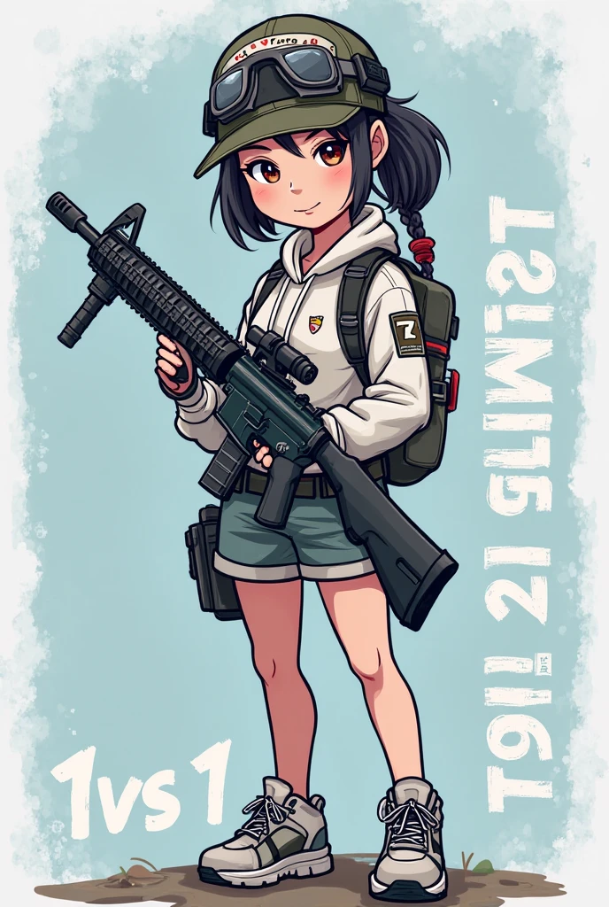 (masterpiece:1.2, best quality), (highly detailed:1.3), (magazine cover), 1girl, 17yo girl, (white panties), (red hoodie), backpack, (holding a gun), wary,