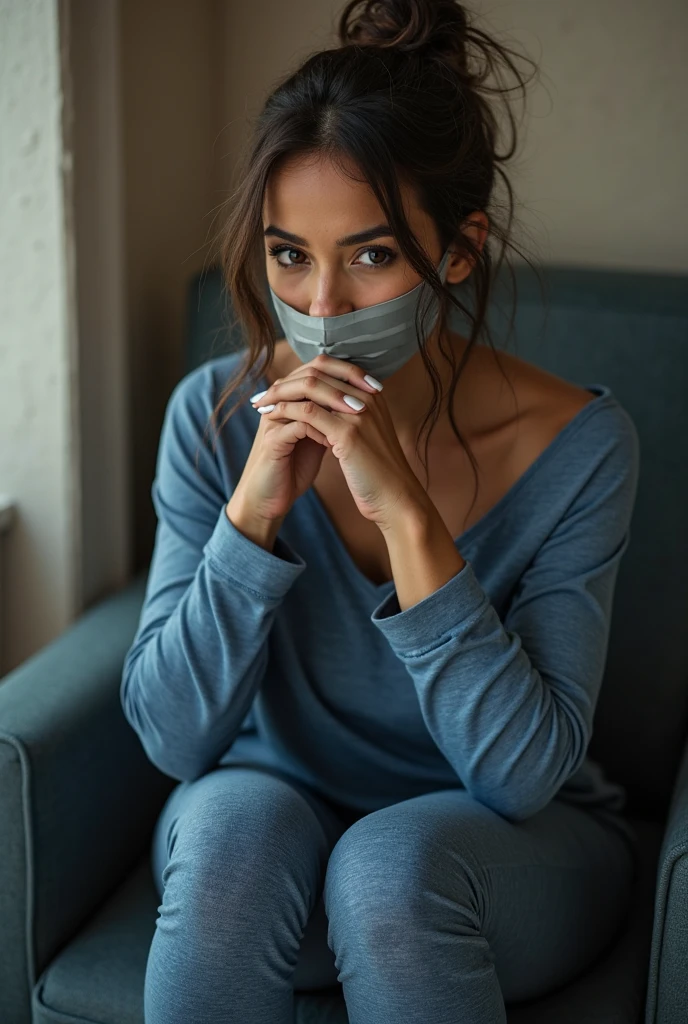 
there is a woman in a blue shirt talking on a cell phone, short blue hair, isabela moner, short blue fur, short blue fur, with blue fur, color blue, short blue fured woman, pretty girl with blue fur, with short hair, blue furstyle, blue sweater, blue tones, blue furs, blue fur, She has a pretty face, girl of 20, mexican traits, boy hair, black hair, Frizzy hair, mexican, blue tips, bob cut, bob hairstyle, in her room, ROOM, bed, selfie, midbody, torso only, no legs, no legs, autophoto, only face, aesthetic, short hair, Zoom, Zoom facial, short hair, blue hair, auto autophoto, Looking up, bedra desde arriba, Angle up, low angle arm, blue hair, autophoto, tousled hair, Zoom face, Zoom al rostro, face close, cerca de la bedra, no torso, only face, selfie, selfie pose, selfie pose, photo for icon, profile picture, photo for instagram, chubby girl, baggy clothes, black clothes, grey sweater, gray sweater, black pleated skirt, black stockings, facemask negro, black face mask, Zoom, facial Zoom, close up, 