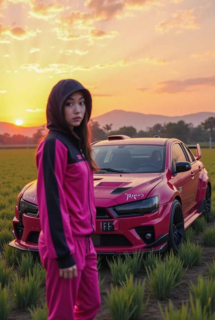 Highly Detailed Realistic 3D Art UHD 16k 23 Year Old Indonesian WOMEN HIJAB Holding a Snapback Hat Paintbrush Making a Miniature / Diorama in His Room Busy urban Mitsubishi car theme, black neon background with the words "YANTI KREATOR"