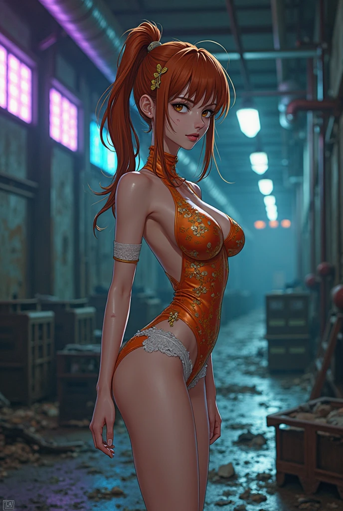 ((1 girl)), asuka langley soryu, blue eyes, hair between eyes headgear interface headset ,orange shiny hair, ((perfect proportions slim body)), perfect ass, perfect legs, perfect arma, perfect hands, perfect breats,( big nude breast), cameltoe, sexy pose,(( Shiny red and purple latex datiled suit)), vulgarity, ((shiny skin)), whith one laser gun, high lighting, high full color, in a spaceship, in a space, ((best quality)), ((masterpiece)), (high-resolution:1.2), ((best quality)), ((masterpiece)), (high-resolution:1.2), (({masterpiece}}}, {{{best quality}}}, {{ultra-detailed}}, {illustration}, {{an extremely delicate and beautiful}}