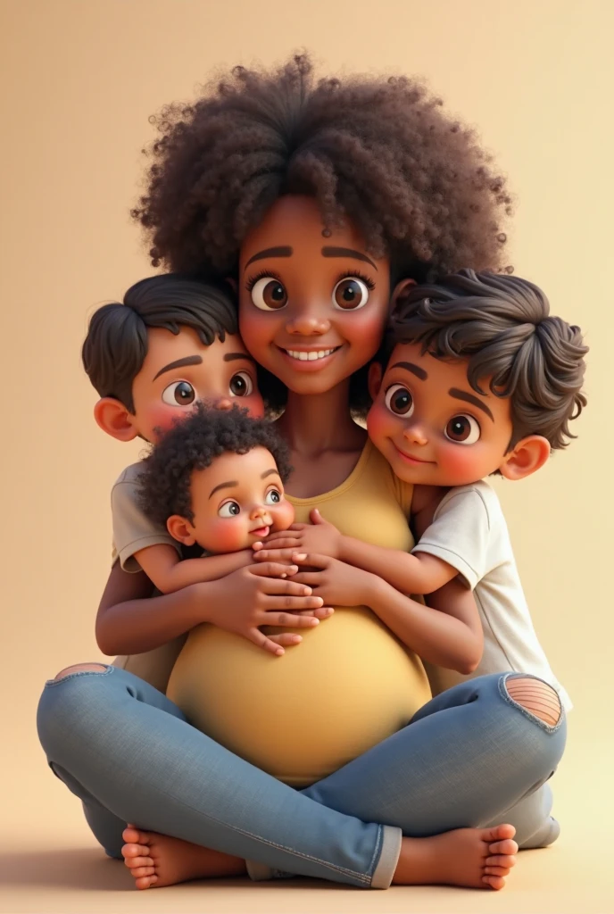 Masterpiece, best quality, portrait of mid adult simple pregnant mature black woman looking at the belly with the mother in the belly. African-American woman in doubt standing on a white background. Portrait of mature woman.
