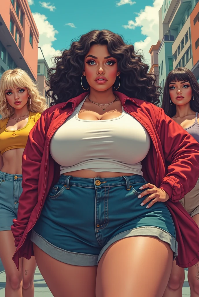 black hair styled in a big afro, (confederate flag crop top:0.8), wide hips, thick thighs, detailed, high resolution, masterpiece, (hyper thick lips:1.2), (ThePit Bimbo:1.1), (African woman:1.1), (hoop earrings:1.0), denim booty shorts