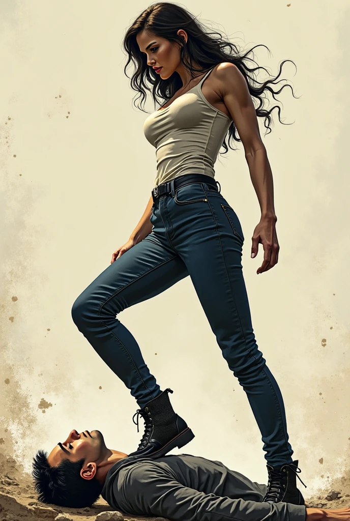((best quality)), ((4k)), ((highres)), ((masterpiece:1.2)). ((detailed)), ((ultra realistic)), ((intricate details)), ((full body picture)), ((character design sheet)), ((blank background)), ((standing in a blank background)), a full body shot of a beautiful native american female, native american beauty, ((emphasis on her complexion)), ((black hair)), perfect face, gorgeous face, detailed eyes, detailed lips, about 5'10 tall, about 25 years old, mediuml-sized breasts, c cup breasts, athletic body, muscular arms, muscular and feminine, dressed in a tank top and very tight jeans, barefeet, ((BAREFEET))