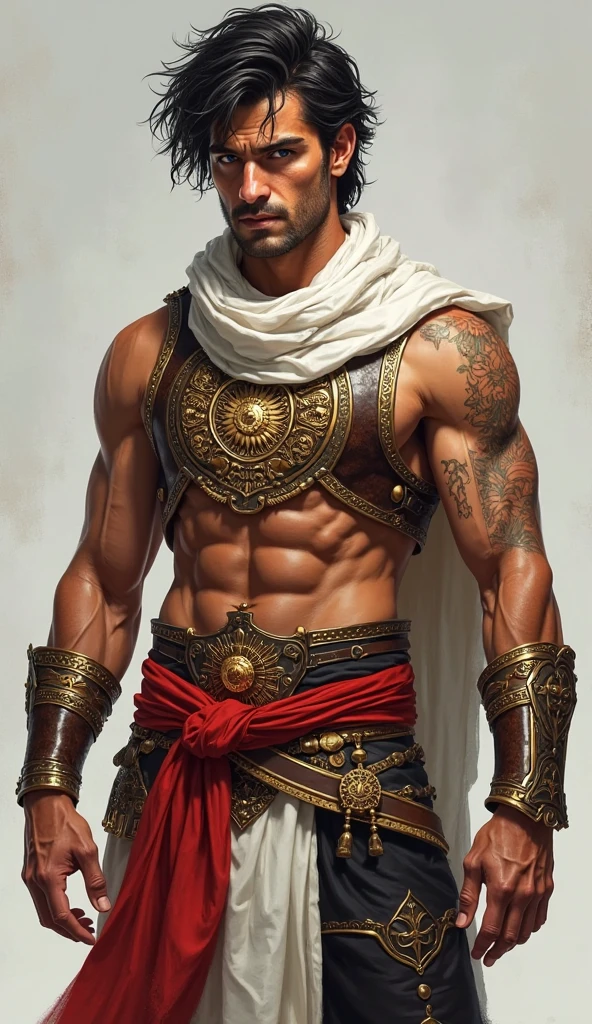 A beautiful savage warrior with a body made of gears and some machinery., His skin is a mix of human and bronze mechanical parts., There is a tattoo that looks like an ancient blueprint carved into his skin.. He stands confidently., Cross your arms, Dressed in Victorian steampunk armor and traditional warrior garb. His wide-brimmed hat is adorned with intricate gears and a pair of steampunk goggles rest on his forehead.. Large size, A gear-shaped coin hung around the neck.. The background is a mix of ancient ruins and steam-powered machinery., There is a clock tower and steam pipes rising in the distance.. This color scheme includes warm bronze., Design a steampunk style poster for, And deep blues, Creating a fusion between the ancient and the mechanical."
