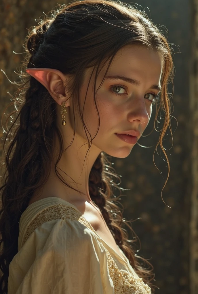 Elf Girl, Long brown hair, Brown eyes, freckles, Brown clothes in the forest, whole body, Her entire body is depicted, and she is feeling the wind. She is carrying a staff and luggage. She is on a journey. She is an elf with slightly more pointed ears.