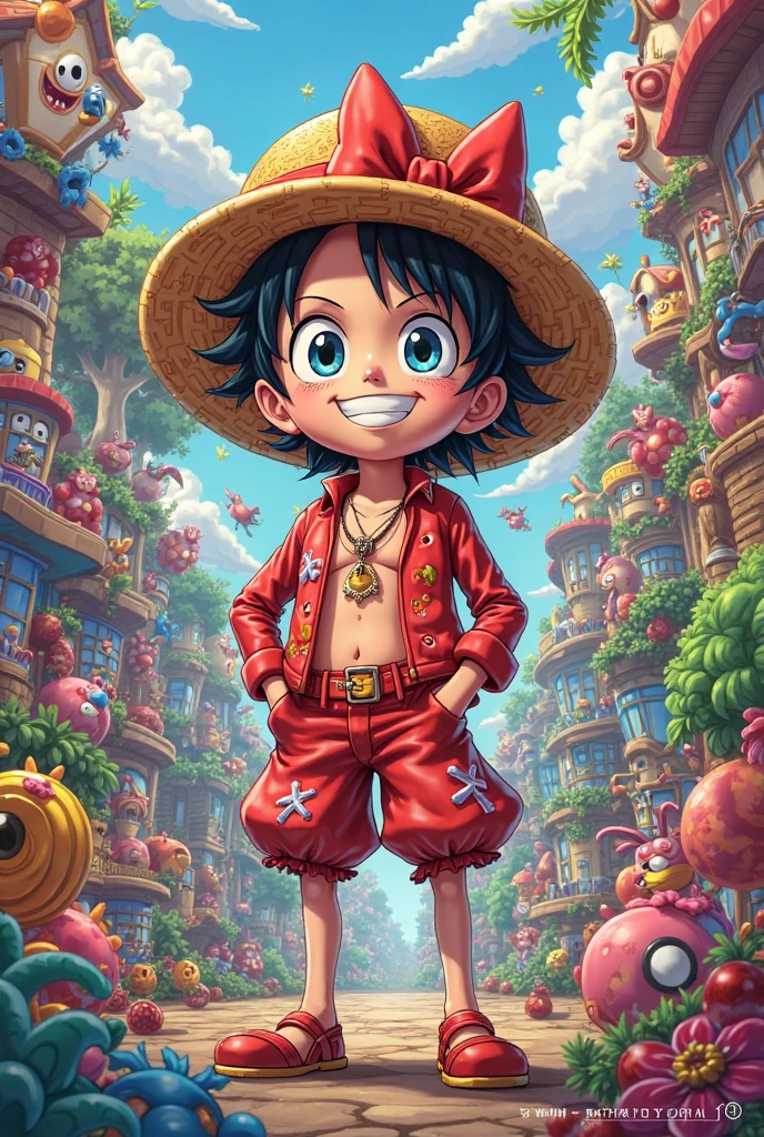 Boy in big yellow hat and red bow tie:1.3, Wearing a light blue shirt with yellow buttons:1.4、Two zombies walking in the background:1.2, Ruins、character with a hat, cartoon image, Yellow shorts:1.6, Male child, Cute:2,