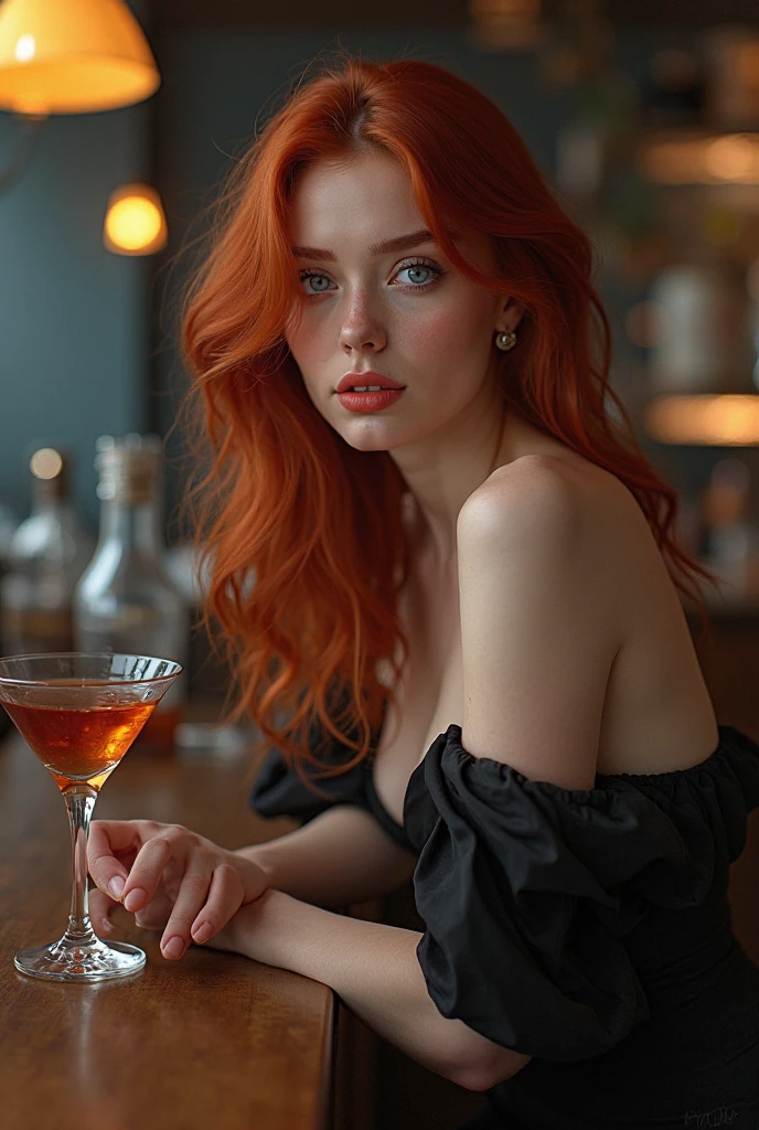 (Realistic photo of a beautiful woman, full body picture, legs, 35 years old, grey eyes, full full lips, red hair, long curly hair, curls, tanned skin, jewellery, realistic, soft lighting, professional photography, photorealistic, detailed, RAW, sharp focus, ultra-high resolution, best quality, masterpiece, (best quality, high-resolution, ultra-detailed:1. 2), HDR, bright colours, curvy, sexy, earrings, evening gown, drink, long legs