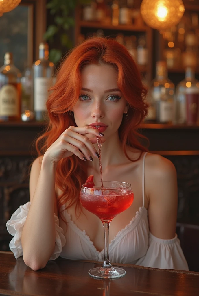 (Realistic photo of a beautiful woman, full body picture, legs, 35 years old, grey eyes, full full lips, red hair, long curly hair, curls, tanned skin, jewellery, realistic, soft lighting, professional photography, photorealistic, detailed, RAW, sharp focus, ultra-high resolution, best quality, masterpiece, (best quality, high-resolution, ultra-detailed:1. 2), HDR, bright colours, curvy, sexy,  earrings, evening gown, drink, long legs
