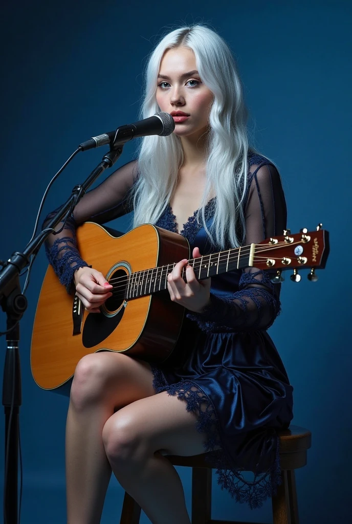 Woman with platinum blonde hair and blue eyes as a bard with a guitar