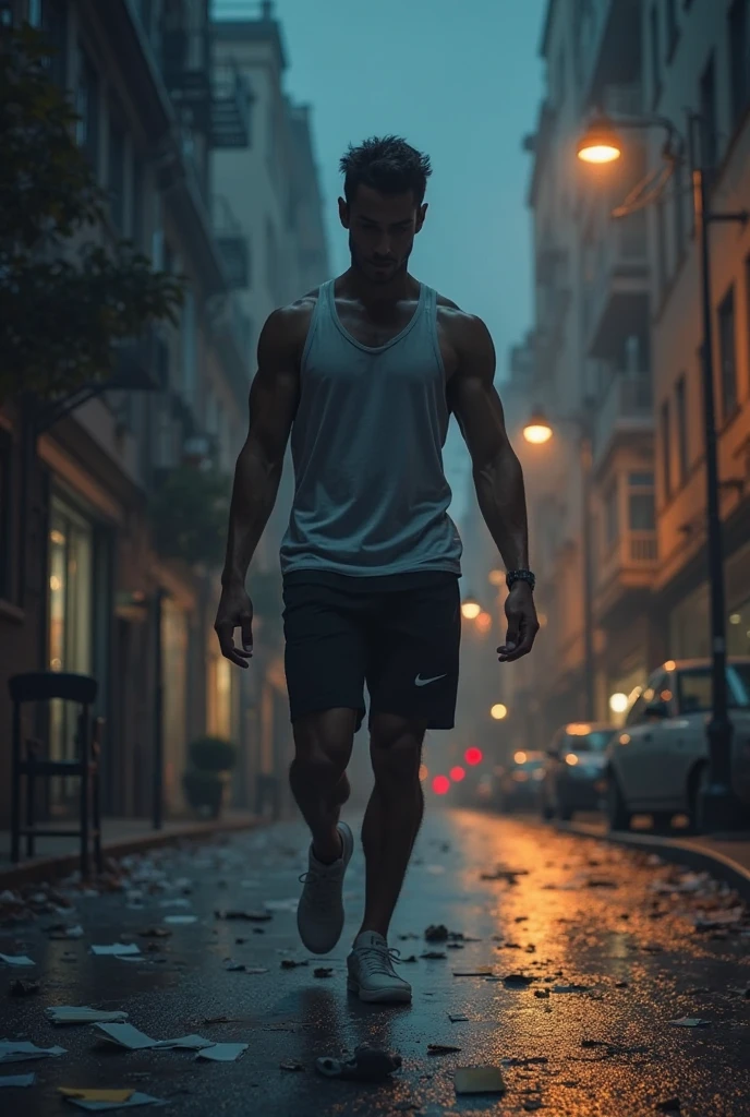 Quality photo, Sporty handsome jogger sits on the ground while (ripping his socks and shoes off:1.25), (Sweaty:0.8), (Twilight in background:0.9)