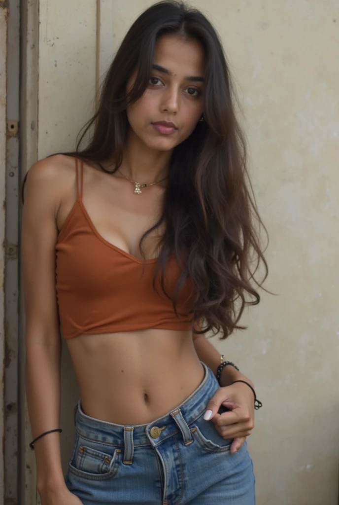 Girl, beautiful, teenager, brown hair, light brown eyes, cropped tank top, denim shorts, with the face of Bela Fernandes
