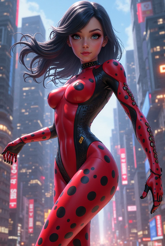 a woman, black hair, blue eyes, well defined body, short hair, red bodysuit, lady bug, well defined body, detailed body, detailed face, masterpiece, best quality, high quality, in a city