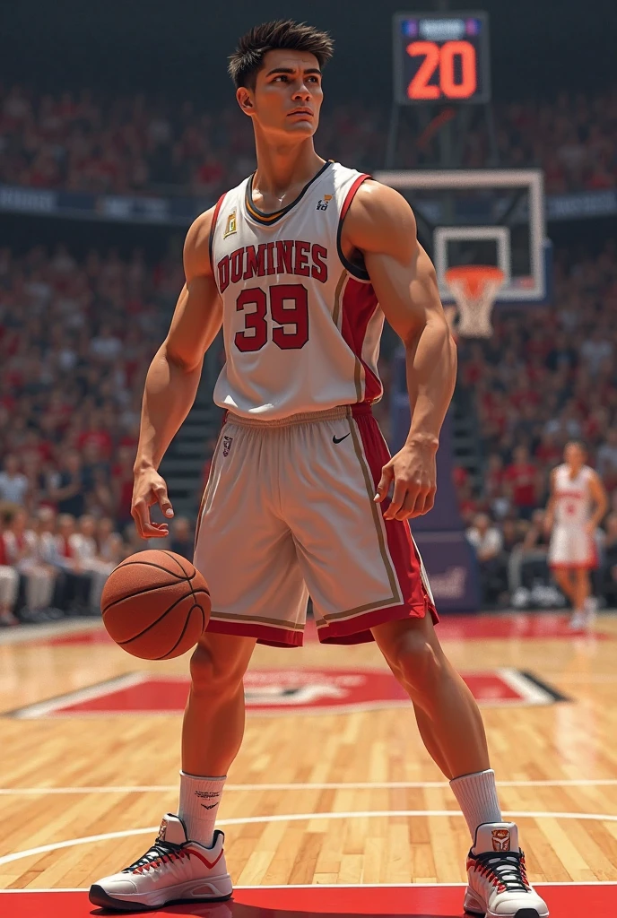 Basketball player, white uniform, lakers, white, dark blonde hair, pear-shaped body, thick thighs