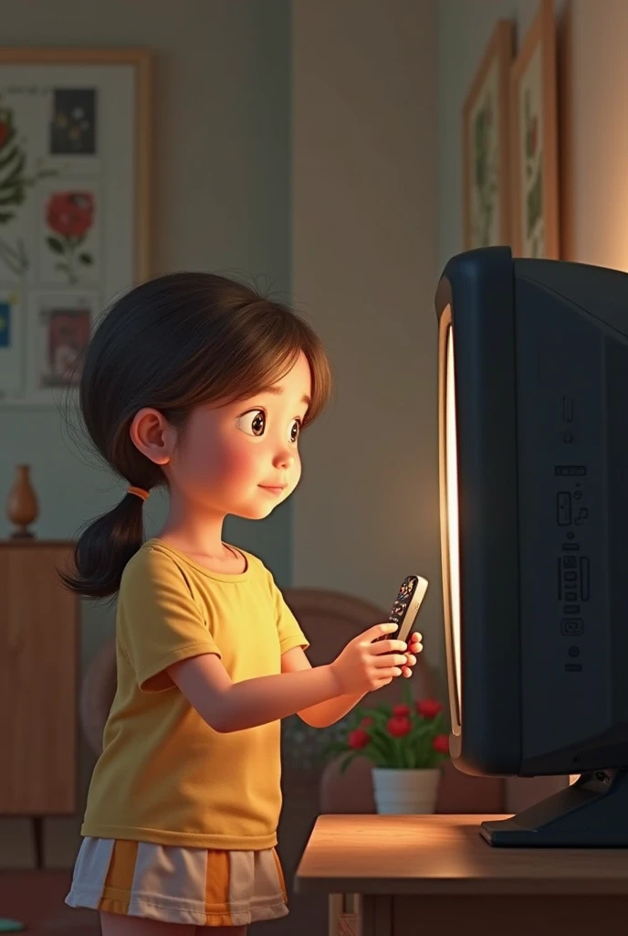 Girl watching TV with remote control