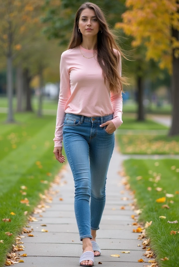 Realistic full body photo of a smiling, beautiful red-haired woman with long hair, She dances in front of the camera in a long pink satin shirt and tight, elegant white tight jeans ...., fine fabrics, Park,glamour fotoshooting, Park, perfect anatomy, perfect green eyes. Perfect hands with 5 fingers on each hand, Suitable woman, looking at the camera, 1 Frau. (Eye make up:1.1), (highly detailed skin:1.1), spirit, analog style, keen focus, 8K UHD, dslr, good quality, Fujifilm XT3, Grain, Award-winning, masterpiece. Park