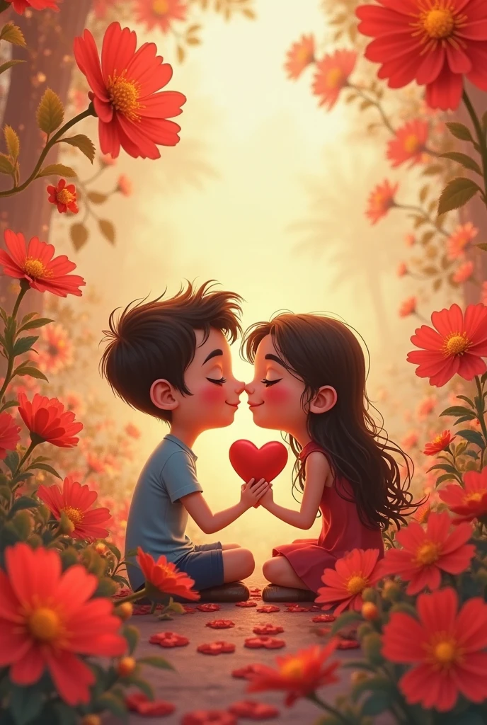 Ek girl or ek boy dono couple hai jo ek romentic jagah par bethe huye hai boy ki shirt par ajey or girl ki shirt par piru likha hua hai , boy girl ko ring pahna raha hai , vo dono garden me bethe huye hai hai aisi animation me image banao