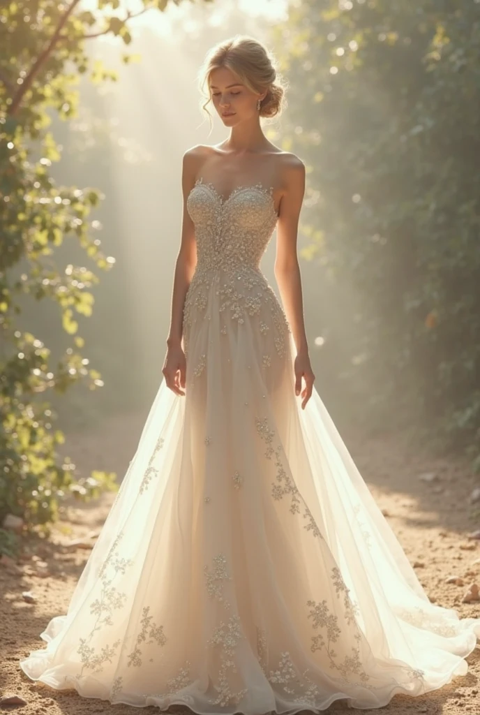 Can you make me a dress with a corset with a flower-inspired drape structure and a skirt with the front uncovered to the knee with a balloon structure?