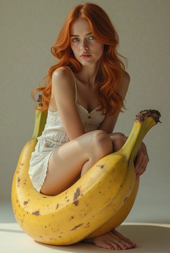 ((best quality)), ((masterpiece)), (detailed), uma mulher ruiva, de bikini branco, saia jeans, sandalia vermelha, ajoelhada com as mãos no chao, lambendo uma banana
