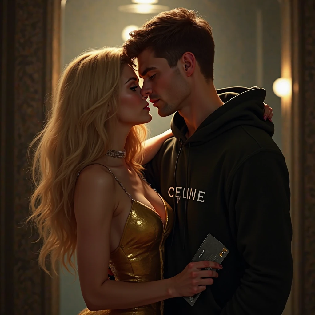 Two blonde girls and a blonde man, nackt, laugh and kiss