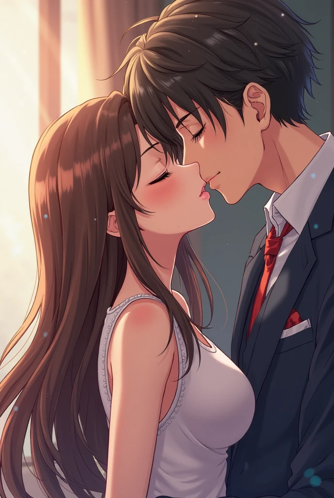 1womanl、1male people、Brown hair、Brown eyes、Best Quality、ultra-detailliert、8 Resolution、Raw photo、masutepiece、Perfect body、high-level image quality、top-quality、Detailed drawing、Vibrant colors、18year old、cute little、up of face、Christmas、Girl dressed as Santa Claus、seductive boobs、Male and female couples、girl sitting on a boy's lap。Girl straddling a boy。Mash Cut Boys。Boy's provocative gaze、The girl has a shy look、 Blushing,embracing each other、lovey-dovey、Flirting、Kiss between man and woman、