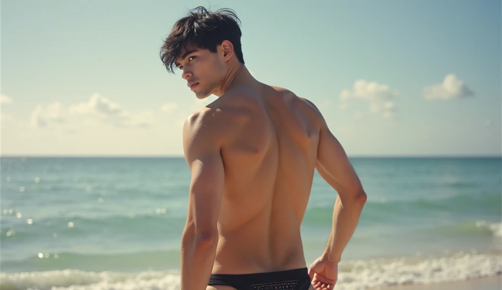 ((Extremely detailed CG unity8k wallpaper)|game_cg|masterpiece|best quality|illustration| {High resolution}|exquisite painting|aesthetic painting|high detail, beautiful and detailed eyes, detailed face, detailed skin, a handsome twenty-year-old Chinese boy, this young handsome male model, standing in the sea, his whole body is soaked with sweat, his short hair gently swings in the sea breeze. His abs are solid and powerful, as if he can burst out with amazing power at any time. His skin was white and tender, and his chest hair shone golden in the sun. He wears a simple thong, showing off the perfect golden ratio figure, The covered by the thong looms. His facial features are delicate and perfect. In this picture, the tall figure of the male model is complemented by the soft and warm sand, which arouses people's imagination, is fascinating, and makes people linger.