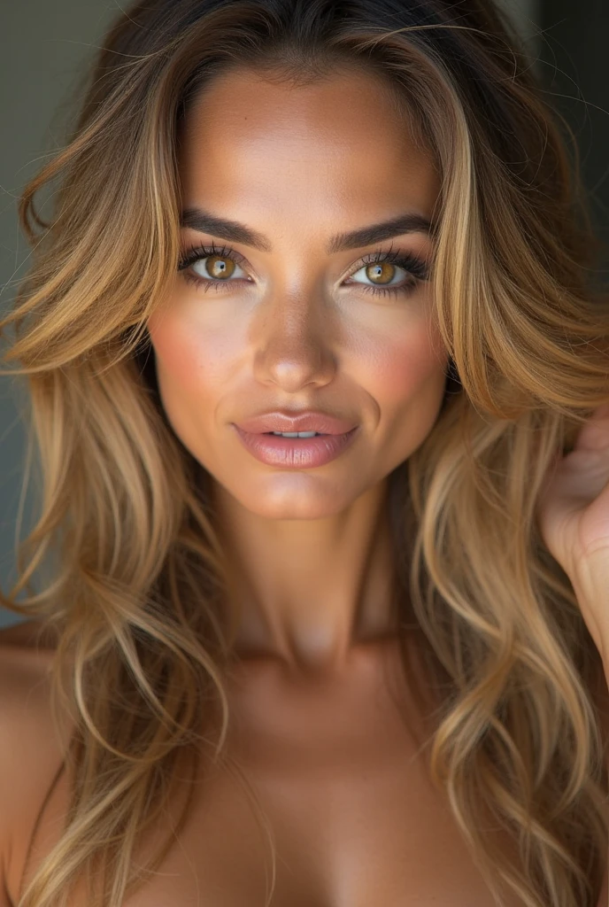 a chatin blonde woman with smooth hair with tanned skin