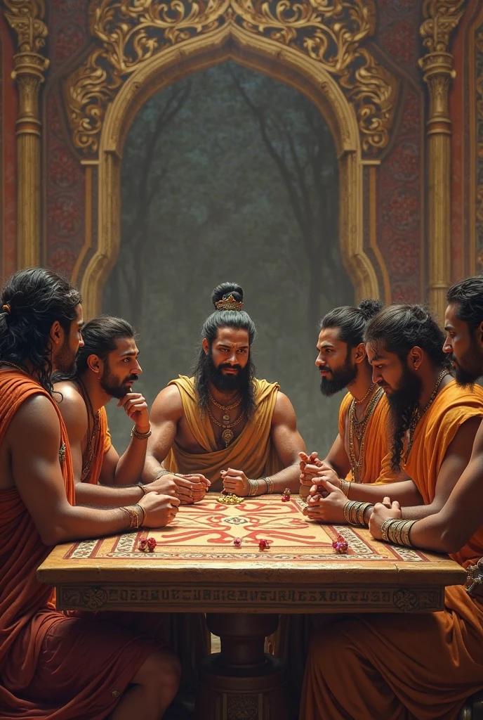 A grand hall where the dice game is taking place. Shakuni is throwing the dice, and the Pandavas, including Yudhishthira, are watching anxiously. Arjun is standing in the background, concerned.