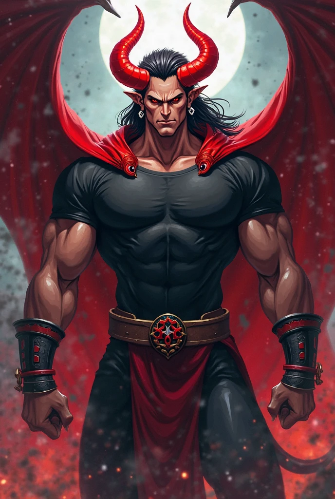 Demon with red horns and men's black t-shirt with muscular black hair ...