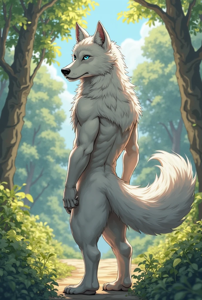 a werewolf in forest, white fur, white hair, muscles, highly detailed, 8K, solo, female, full body, stalking pose, two-tone fur, back turned posing