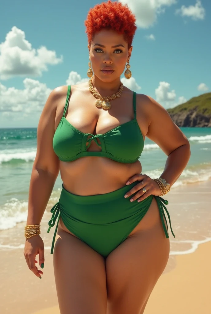 a close up of a woman in a bikini and a hat, ela tem uma barriga redonda gorda e agitada, thicc, corpo grosso, full body shot in bikini, green bikini, is wearing a swimsuit, corpo voluptuoso, wearing two - piece swimsuit, beautiful thick female, BBWCHAN, her belly is fat and round, , in translucent chiffon bikini