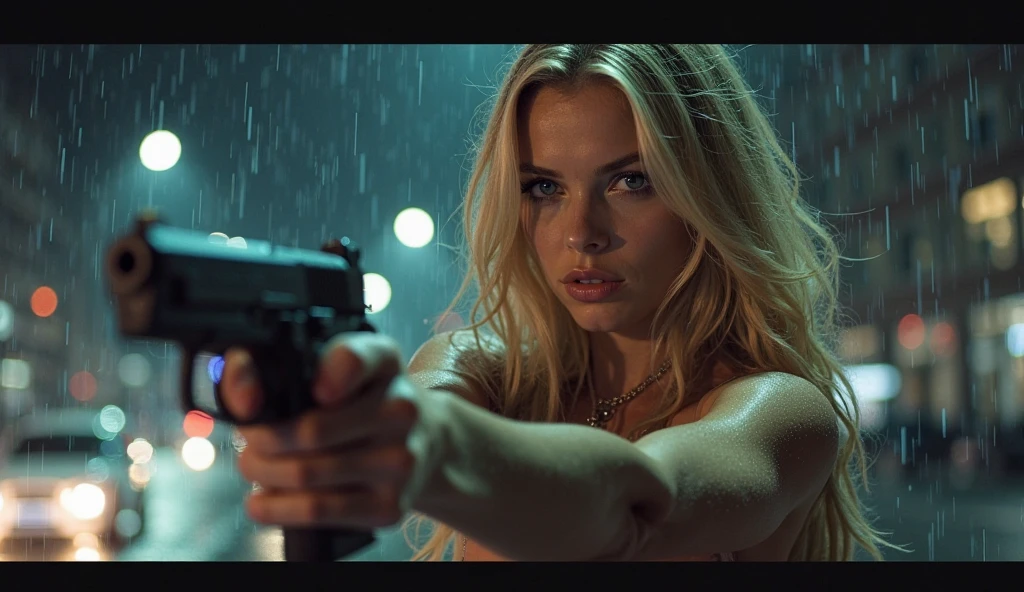 wide depth of field, wide depth of focus, f/11 lens setting, all objects in focus, full color image, woman holding pistol, holding a pistol, large fraternity house game room, full body image, (silver, short satin night dress), woman posing with a pistol aimed at camera, long blonde hair in braids, confidant smile, pure form, intricate details, 8K post-production, high resolution, super detailed, Popular topics on Artstation,, Studio photos, intricate details, Very detailed, she stands in the middle of the room and she is surrounded by a large pile of defeated men laying unconscious with closed eyes on the floor