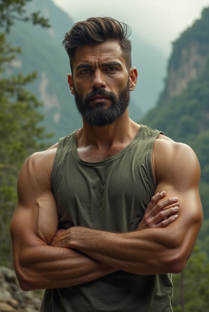 Imagine a breathtaking scene featuring a strikingly handsome 38-year-old man. He has a rugged beard and wears stylish sunglasses that add to his irresistible allure. His well-defined muscles and body hair exude raw masculinity. Clad in casual yet enticing clothing that highlights his powerful physique, he stands as the epitome of sex appeal.

Set against one of the world's most stunning backdrops—perhaps the sunlit cliffs of Santorini, the vibrant streets of Tokyo, or the majestic expanse of the Sahara desert—he is the sole focus of the scene. In a captivating action pose, he might be mid-stride, walking with purpose, or frozen in an intense moment of action, such as leaping from a height or preparing to tackle an unseen challenge. The man's dynamic energy and sensual charisma make him an unforgettable figure in this mesmerizing setting.