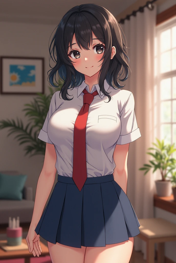 beautiful girl in messy bedroom, full body, pofy hair, (realistic face, perfect eyes, perfect face:1.1), black hair, emo makeup, eyeliner, Emo, Goth, ((best quality)), ((highly detailed)), masterpiece, extremely detailed face, beautiful face, (detailed eyes, deep eyes), (1girl), solo,  Yuri, Black eyes, black hair and lines, pofy hair , hair ornament, hairclip, medium breasts, school uniform, jacket, short hair, pleated skirt, skirt, blue skirt, ((blush)), inside, in a classroom