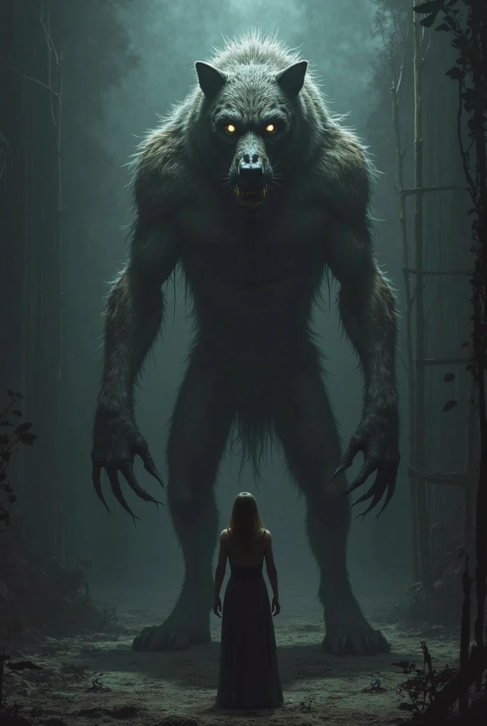 A giant tree monster is devouring a woman in a dark forest, demon, horror, midnight, nightmare, tank top, shorts, fear, anxious, terrified, scary tree, scary monster, man-eating tree, macabre, lovecraftian horror, eating a woman, branches around body, held by branches, branches wrapped around waist, struggling, bait